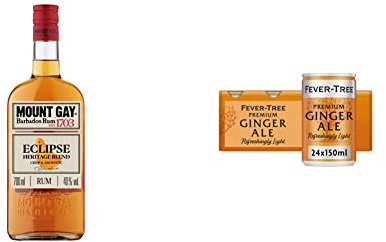 Mount Gay Rum & Ginger Cocktail Bundle 24 serves - Mount Gay Eclipse Barbados Golden Rum 70cl & Fever-Tree Refreshingly Light Ginger Ale 8 x 150ml (Pack of 3, Total 24 cans)