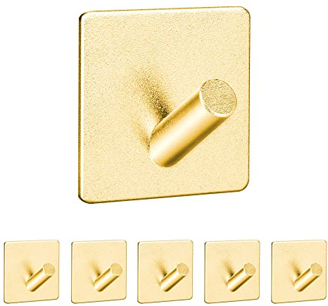 SISYS Crochet Adhesif Mural, 6 Pièces 3M Crochet Mural Crochet Porte Serviette pour Salles de Bains Cuisines Étanche Crochet Adhesifs sans Perçage Alliage D'aluminium, Doré