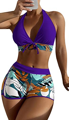 FEOYA Women’s Two Piece Swimsuit Halter Neck Top with Boy Shorts Swimwear Push Up Two Piece Tummy Control Swim Shorts Bikini Top Bathing Suits A15 XL