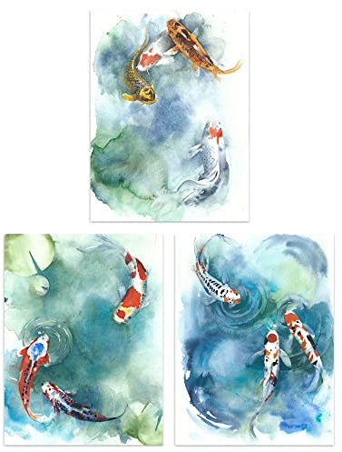 Artery8 Japanese Koi Carp Fish Watercolour Set of 3 Unframed Wall Art Prints Bathroom Bedroom Aesthetic Goldfish 12X16 inch