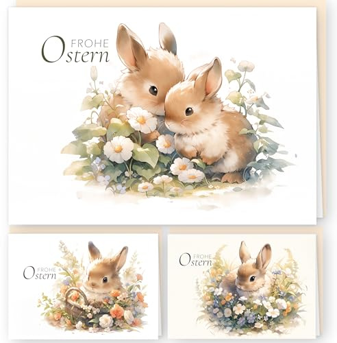 Lot de 12 cartes de Pâques avec enveloppe - Dans des tons naturels - Cartes de vœux pliantes au format A6 - Avec jolis lapins - Enveloppes de qualité supérieure