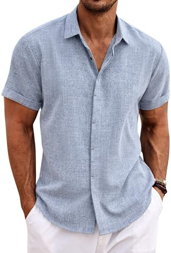COOFANDY Camicia in Lino da Uomo Camicia a Maniche Corte abbottonata Camicie Casual vestibilità Regolare Camicia in Lino da Spiaggia Estiva