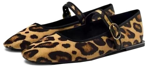 Women's Fashion Leopard Ballet Flats Elegant Square Toe Buckle Mary Jane Flats Comfortable Daily Dress Ballerina Shoes,Leopard,4.5 UK