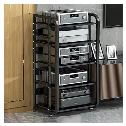 Audio Rack HiFi Regal Rollwagen-Rack for Audiogeräte, Tragbar, Büro, Schlafzimmer, Wohnzimmer, AV-Rack, Mehrstufiges AV-Medienregal, AV-Medienregal Mit Stauraum(Schwarz,5Tiers-B)