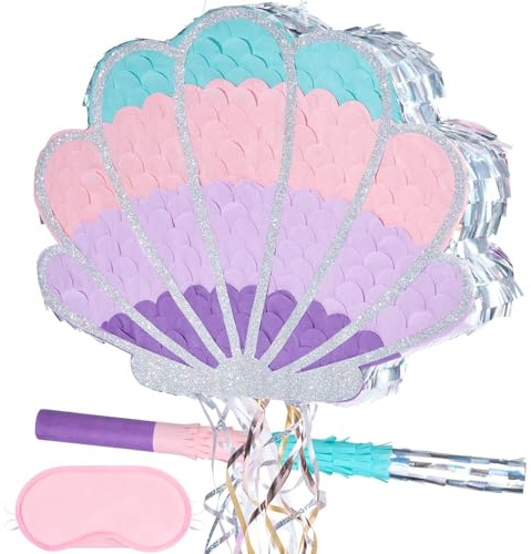 Wernnsai Mermaid Seashell Piñata - Pink Shellfish Pinatas for Kids Girls Birthday Mermaid Princess Party Decorations Under The Sea Ocean Theme Party Games With Bat Blindfold 16“ x 12.5 x 3