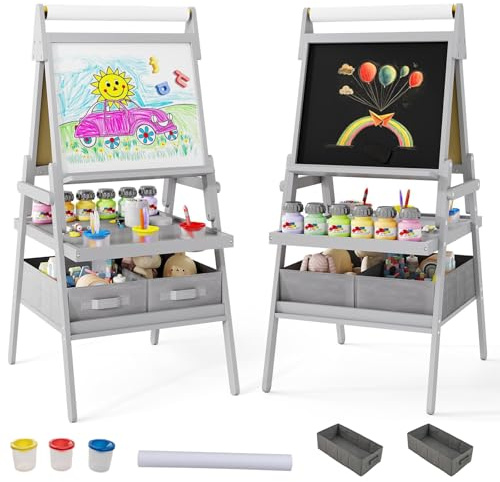 RELAX4LIFE 3 in 1 Lavagna per Bambini, Cavalletto con Doppia Faccia Magnetica e Lavagna Bianca, Rotolo di Carta, Scaffale Doppio e 2 Cesto in Tessuto Pieghevole, 3 Tazze, per 3+ Anni