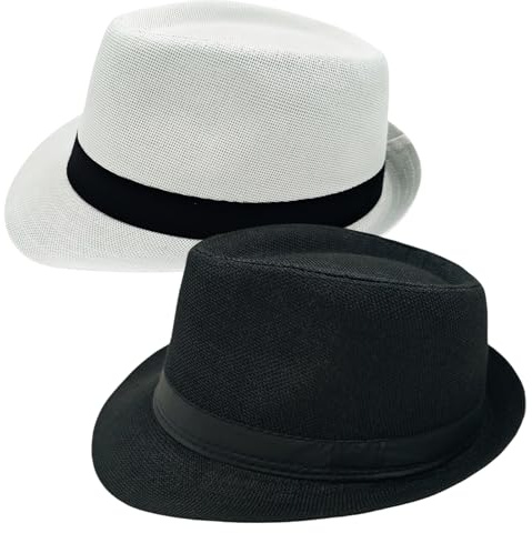2 Pack Short Brim Fedora Classic 20s Trilby Panama Hats Summer Travel Cap for Men Women (US, Alpha, Medium, Large, Black + White)