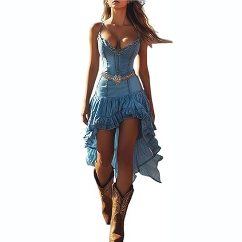 Robe Retro À Col en V Et San Manches pour Femmes Vintage Western Country Robes Décontractée Dress De Vacances Plage Longueur Genou Médiéval Jupe Deguisement Hip Hop Costume De Cowgirl