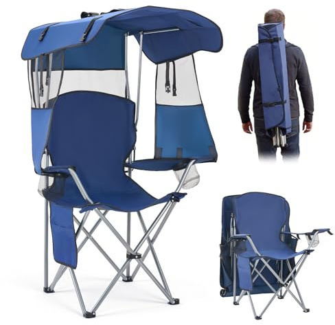 VEVOR Camping Chair with Canopy Shade, Folding Beach Chair with Canopy & Magazine Pocket, 2 Cup Holders, 330 lbs Heavy Duty Support, Carry Bags for Outdoor, Camp, Fishing, Tailgates, Deep Blue
