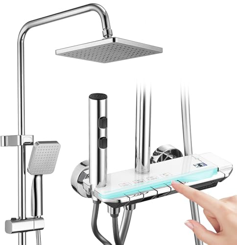 HOMELODY Duscharmatur komplett set med glashylla – regndusch med kran och 30 cm, duscharmatur med pianoknapp, 4 stråltyper och 3-funktions handdusch, duschset med regndusch, krom