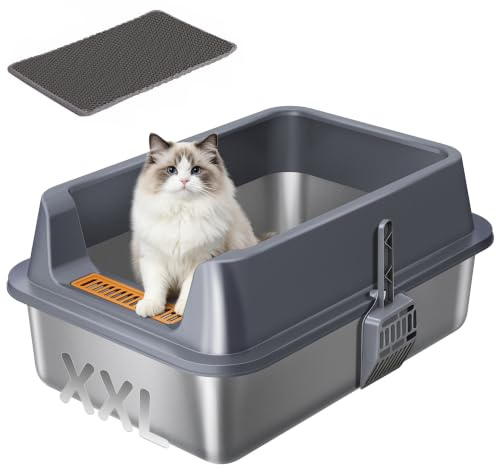 Hzuaneri Arenero de Acero Inoxidable XXL, Arenero para Gatos Grandes 30L 60x40x26 cm, Caja de Arena con Bordes Altos Semicerrado, Antiadherente, con Pala y Alfombrilla, Gris Oscuro LB89799G