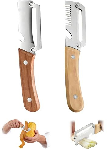 2PC Vegetable Peeler Set Potato Peeler with Wooden Handle Bottle Opener, Veg Julienne Slicer for Scallions Carrot, Kitchen Essentials (Standard + Upgrade)