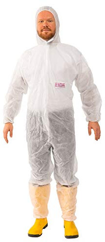 Econ Overall - Weißer Einweg Schutzanzug für Schmutzarbeit, Gartenarbeit, Bauarbeiten uvm. | Ganzkörperanzug mit ergonomischer Kapuze und Reißverschluss | Taillengummi für Größenanpassung