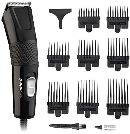 BaByliss Hair Clipper Precision Power, Corded Hair Clippers for Men, Sharp Stainless Steel Blades, 8 cutter guides 1-8, Grooming Set, Black, 7755U