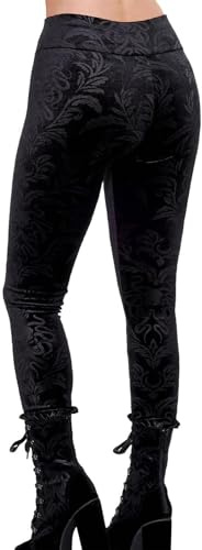 Nihsatin Gothic Punk Velvet Skinny Pants for Women High Waist Jacquard Stretch Leggings Black