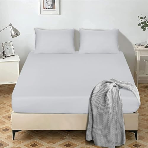 My home store Fitted Sheet 25 cm Deep Brushed Microfiber Ultra Soft No-Iron Wrinkle-Resistant Plain Dyed Fitted Bed Sheets Hypoallergenic Breathable Sheets (Silver, Super King)
