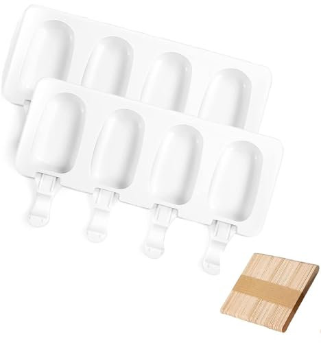 KOMUNJ 2 stampi per gelato, gelato bianco a 4 scomparti con 50 bastoncini di legno, stampo per torta di gelato in silicone, bastoncini di formaggio per ghiaccioli fai da te, 21,5 x 12,5 x 2 cm