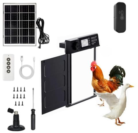 Puerta gallinero automatica Solar con batería 5000 mAh, Mando a Distancia, Aluminio Resistente, 7 Modos Apertura, Impermeable IP45, Alarma integrada y termómetro/higrómetro Conectado
