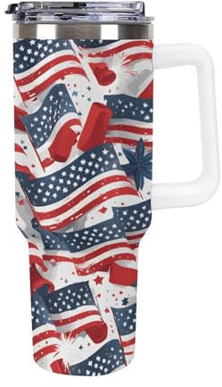 Quteprint 40oz Insulated Stainless Steel Tumbler with Handle, 4th of July USA Flag Leakproof Water Bottles Travel Mug with Lid And Straw for Water, Iced Tea Or Coffee, Suitable for Most Car Cup Holder