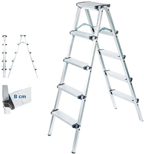 HOSTRÖM Trittleiter Klapptritt 5 Stufen HOMILIX, kleine klappbare Trittleiter, Aluminium, kompakt und robust, Arbeitshöhe 2,85 m, 5 Jahre Garantie