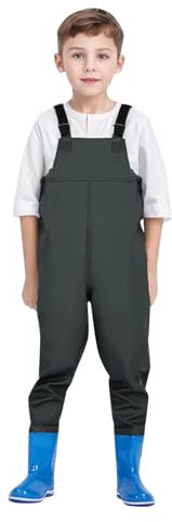 Wathose Kinder Wasserdicht mit Stiefel Kinderwathose Mädchen Regenhose mit Stiefeln Matschhose Jungen Anglerhose mit Stiefel Junior Hosenträger Matschhose Regenstiefel rutschfeste Sohle Gummistiefel