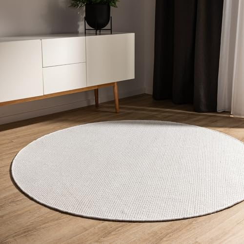 benuta Basic Tapis Coton Tissé à la Main Ron - Blanc 120 cm Rond - 100% Naturel - Style: Laine, Uni, Minimaliste - Entretien Facile pour Salon, Chambre, Bureau, Couloir
