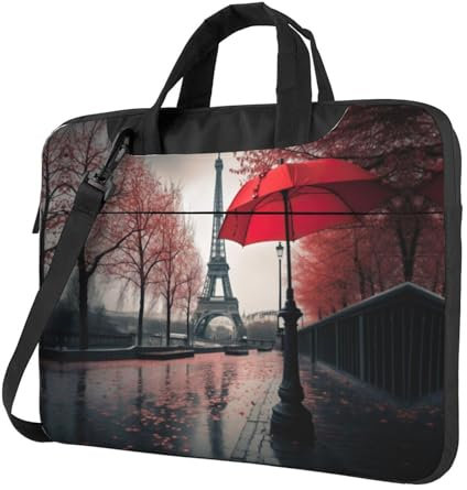 Torre Eiffel con paraguas rojo, ultrafino, portátil, con un solo hombro, bolso de hombro para hombres y mujeres, bolsa de ordenador impermeable, Negro , 14 inch