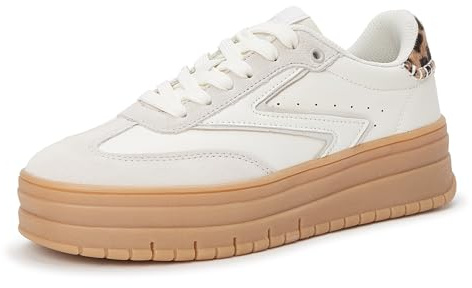 LUCKY STEP Women's Platform Sneakers Gum Sole Suede Casual Classic Retro Rubber Thick Sole Trendy Fashion Tennis Walking Shoes (White/Grey, 9US-39EU-6UK)