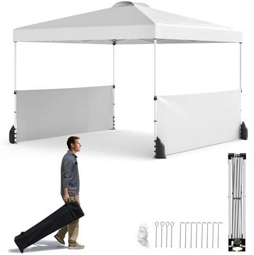 GOPLUS Cenador Emergente 3x3 M Ajustable en 3 Alturas con Medias Paredes, Bolsa con Ruedas, Carpa Retráctil con 8 Estacas, 4 Sacos de Arena, Pabellón Plegable para Jardín Terraza Patio (Blanco)