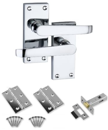 Designer Levers - Victorian Straight Lever Latch Door Handles Pack - Includes 64mm Tubular Latch and 75mm Door Hinges Pair - Interior Use - Polished Chrome