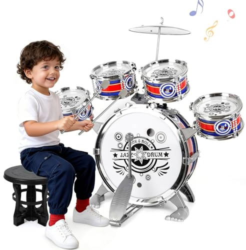 Batteria per Bambini, 5 Tamburis Bambini, 8 Pezzi Tamburi Strumenti Musicali Percussione, Batteria Musicale Bambini Junior Drum Set Compleanno Natale Educativo Regalo 3 4 5 6+ anni Ragazze Ragazzi
