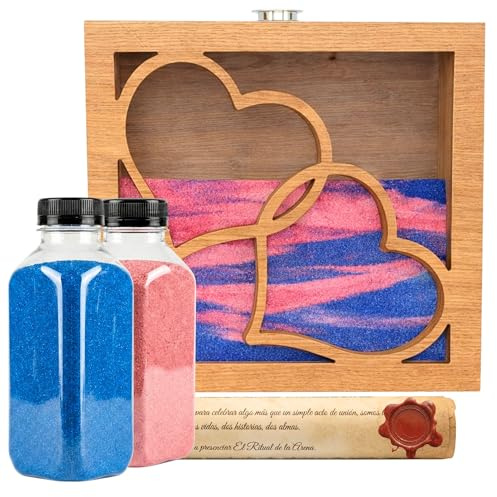 NIRALIS Kit Rituale di Sabbia per Matrimonio con Cornice Cuori - Cerimonia Simbolica d'Amore - Include 2 Colori Sabbia (800 g c/u) - Regalo San Valentino - Modello Bianco o Quercia (Quercia, Rosa/Blu)