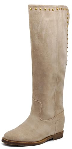 IF Fashion Scarpe Stivali da al Polpaccio Biker Motociclista Equitazione Donna con Borchie Zeppa Interna LY81-4 MP726-1 Tortora N.40