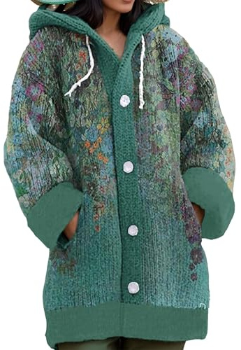 Mfhmom Cárdigan Estilo Noruego Mujer Largo Punto Grueso Oversize Chaqueta con Capucha Suéter Cardigan Estampado Digital con Botones Cuello en V Invierno Otoño Suéter Navideño