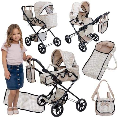 Doris Passeggino multifunzione per bambole 3 in 1, passeggino grande per bambole, passeggiata profonda con marsupio e borsa, altezza 82 cm, manico regolabile in altezza
