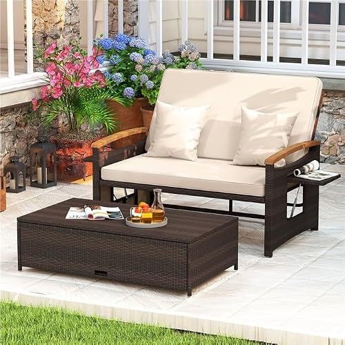 COSTWAY Sofa Exterior de Ratán con Reposapiés de Almacenamiento, 2 Plazas Tumbona Acolchado, Cama Respaldo Ajustable de 4 Niveles, Bandejas Laterales Retráctiles, Tumbona Doble de Ratan (Marrón)