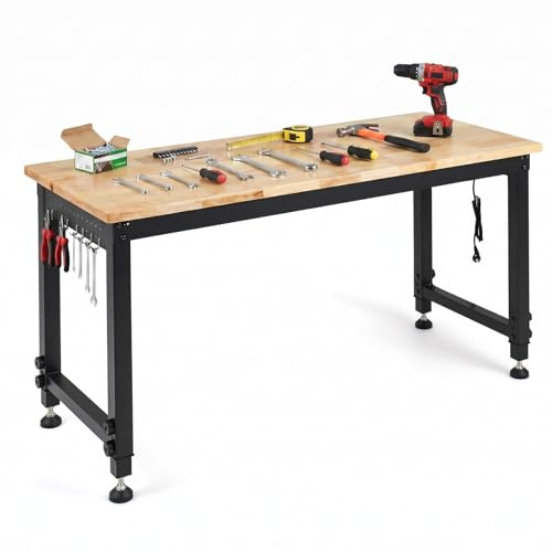 COSTWAY Banco de Trabajo con Estación de Carga, 122 x 51cm, Mesa Trabajo Taller con Altura Ajustable en 6 Niveles, Encimera de Madera Caucho, Marco Metálico, Estación Bricolaje, Carga 900 kg