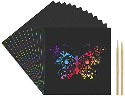 Kesote Kratzpapier Set, 100 Blätter Malerei Kratzbilder mit 2 Stück Kratzstifte DIY Weihnachten Geschenk (8 x 8 cm)