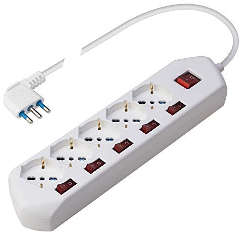 Poly Pool PP2509 Multiswitch – Multipresa con 5 Prese Pluristandard (16A+10A+schuko) – 5 Interruttori Singoli per Ogni Presa - Cavo di Alimentazione da 1,5 m – Spina Salvaspazio 16A 2P+T