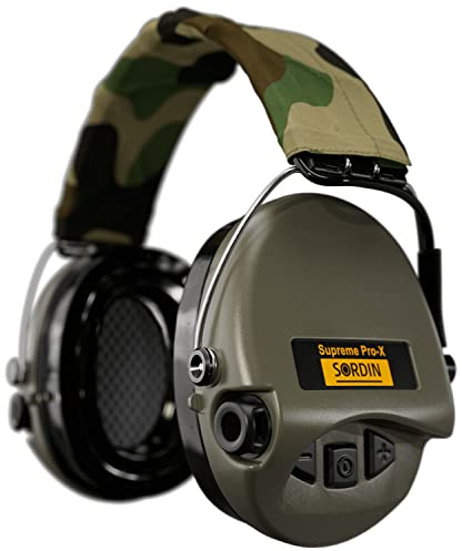 Protector auditivo Sordin Pro-X LED - 75302-X-07 - protector auditivo activo para caza - EN 352 - almohadilla de gel, banda de camuflaje y cápsula verde