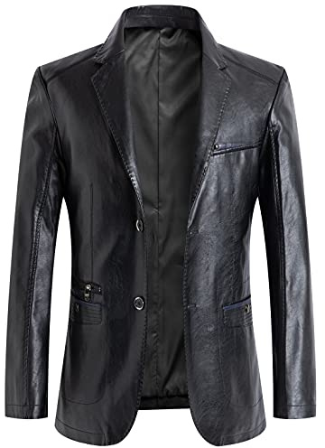 chouyatou Men's Casual Notched Collar 2 Button Slim Moto Faux Leather Blazer Suit Jacket (Black, X-Large)