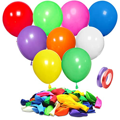 ASIYUHY Rainbow Party Balloons 100 Pack 12 inch Multicoloured Balloon With 2 rolls of balloon ribbon Assorted Color Thicken Latex Colorful Balloons for Birthday Party Wedding Baby Shower Decorations