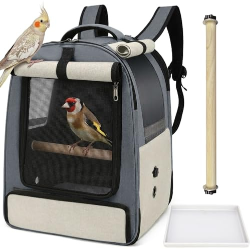 ALLSOPETS Zaino per Uccelli per Pappagalli e Piccoli Animali – Borsa Traspirante con Posatoio Regolabile e Vassoio Rimovibile, Ideale per Viaggi e attività all’Aperto (Beige Naturale)