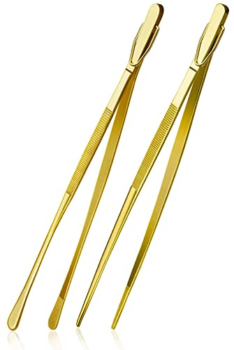 HINMAY 2 pinzette da cucina in acciaio inox, dritte per alimenti, pinzette professionali da cucina per la riparazione e il barbecue (oro)