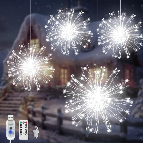 Acxilexy 4 Piezas Luces de Cuerda de Fuegos Artificiales, 480 LEDs USB Con 8 Modos, Impermeables Guirnaldas Luces para Fiesta Jardín Patio