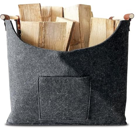 KARAT Holzkorb für Kaminholz Kaminholzkorb Brennholzkorb Korb für Kaminholz Kaminholztasche aus Filz mit Holzgriffen 45x32x41cm, 60 Liter anthrazit, universell einsetzbar, Feuerholzkorb (Vesta)