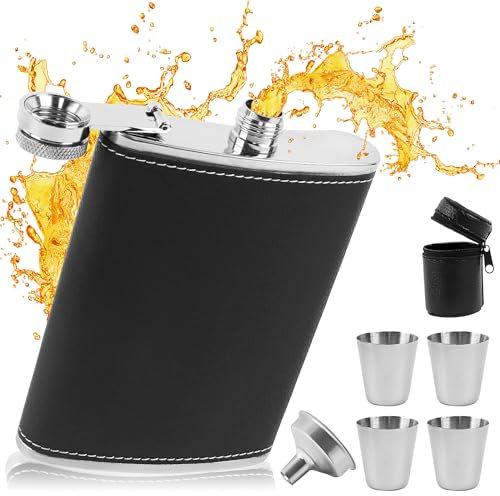 Flasque A Alcool En Acier Inoxydable 8Oz - Flacon De Hanche Avec Entonnoir Et 4 Tasses Pour Whisky, Voyage, Pêche, Camping, Escalade Et Pique-nique - Cadeau