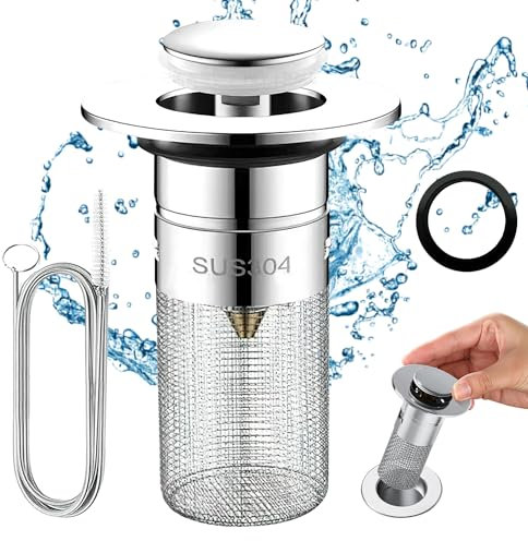 Plugs for Wash Basins, Brass Pop Up Drain Stopper with Strainer and Hose Cleaning Brush, Bathroom Sink Plugs, Push-Type Sink Plug for Bathroom and Kitchen