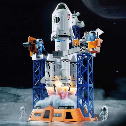 Herenear Fusée Spatiale Jouet, Navette Spatiale Jouet avec Plateforme de Lancement - avec Effets Sonores et Lumineux, Astronaute et Projecteurs, Jeu de Rôle Cadeau pour Enfants de 6 7 8 9 10 Ans