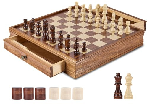 VEVOR Set di Scacchi in Legno Massello 400 x 380 x 68 mm Set da Gioco di Dama 2 in 1, 2,2 kg Giochi da Scacchiera con Cassetto Portaoggetti e Pezzi di Dama con Peso e 2 Regine, per Adulti Bambini